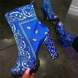 Women's Trendy Bandana Pattern Pointed Toe Slip On Mid Heel Boots