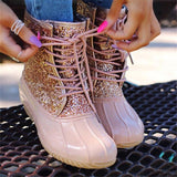 Women's Bling Rain Boots Round Toe Lace Up Boots