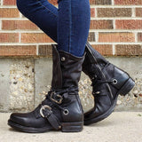 Women Individuality Lace Up Rivet Strap Buckle Zipper Chunky Heel Mid-calf Boots