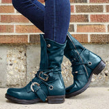 Women Individuality Lace Up Rivet Strap Buckle Zipper Chunky Heel Mid-calf Boots