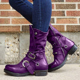 Women Individuality Lace Up Rivet Strap Buckle Zipper Chunky Heel Mid-calf Boots