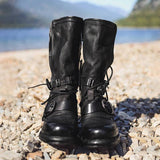 Women Individuality Lace Up Rivet Strap Buckle Zipper Chunky Heel Mid-calf Boots