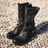 Women Individuality Lace Up Rivet Strap Buckle Zipper Chunky Heel Mid-calf Boots