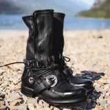Women Individuality Lace Up Rivet Strap Buckle Zipper Chunky Heel Mid-calf Boots
