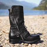 Women Individuality Lace Up Rivet Strap Buckle Zipper Chunky Heel Mid-calf Boots
