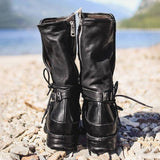 Women Individuality Lace Up Rivet Strap Buckle Zipper Chunky Heel Mid-calf Boots