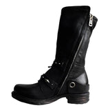 Women Individuality Lace Up Rivet Strap Buckle Zipper Chunky Heel Mid-calf Boots