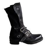 Women Individuality Lace Up Rivet Strap Buckle Zipper Chunky Heel Mid-calf Boots