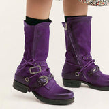 Women Individuality Lace Up Rivet Strap Buckle Zipper Chunky Heel Mid-calf Boots