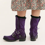 Women Individuality Lace Up Rivet Strap Buckle Zipper Chunky Heel Mid-calf Boots