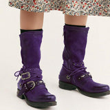 Women Individuality Lace Up Rivet Strap Buckle Zipper Chunky Heel Mid-calf Boots