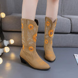 Flower Print Pointed Toe PU Chunky Heel Boots