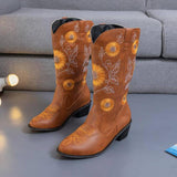 Flower Print Pointed Toe PU Chunky Heel Boots