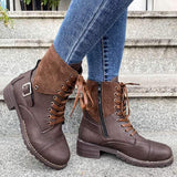 Women's Leather Round Toe Martin Boots with Buckle