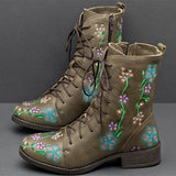 Retro Flowers Embroidered Leather Boots