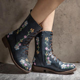 Retro Flowers Embroidered Leather Boots