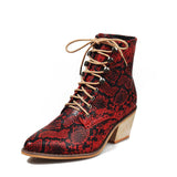 Women's Snake Printed Chunky Heel Leather Boots