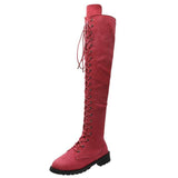 Women's Lace-up Over The Knee Boots Fabric Low Heel Boots
