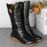 Retro Solid Color Side Zipper Round Toe High Knee Boots