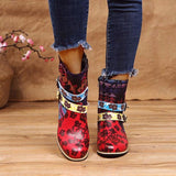 Side Zipper Patchwork Block Round Toe Buckle Ankle Boots