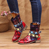 Side Zipper Patchwork Block Round Toe Buckle Ankle Boots