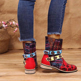 Side Zipper Patchwork Block Round Toe Buckle Ankle Boots