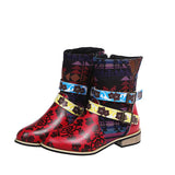 Side Zipper Patchwork Block Round Toe Buckle Ankle Boots