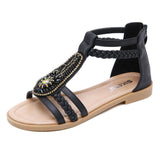 Women's Bohemian Retro Beaded Zipper Rhinestone Roman Flat Sandals