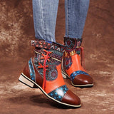 Patchwork Block Round Toe Side Zipper Ankle Boots