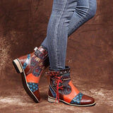 Patchwork Block Round Toe Side Zipper Ankle Boots