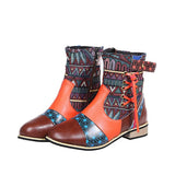 Patchwork Block Round Toe Side Zipper Ankle Boots