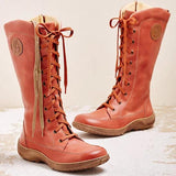 Retro Solid Color Side Zipper Round Toe High Knee Boots