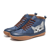 Lightweight Soft Cat Printing Lace Up Ankle Boots