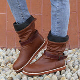 Women's Round Toe Solid Color Buckle Slid-on Boots