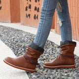 Women's Round Toe Solid Color Buckle Slid-on Boots