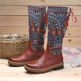 Retro Bohemian Splicing Pattern Leather Rainbow Knee Boots
