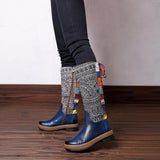 Retro Bohemian Splicing Pattern Leather Rainbow Knee Boots