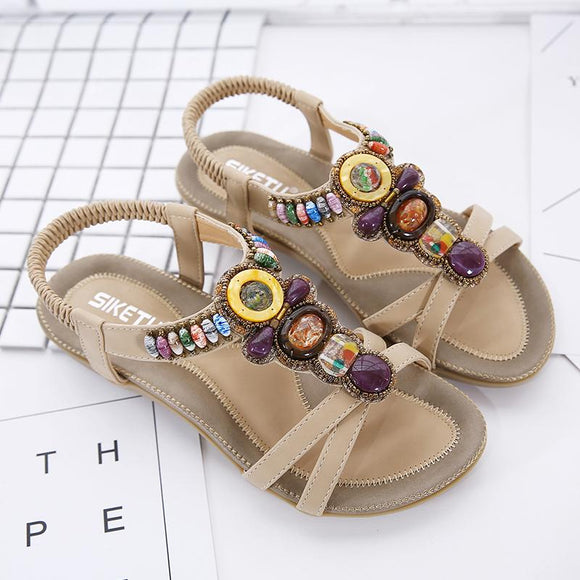 Ethnic Wind Women Sandals Beach Beaded Retro Flat Sandals