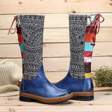 Retro Bohemian Splicing Pattern Leather Rainbow Knee Boots