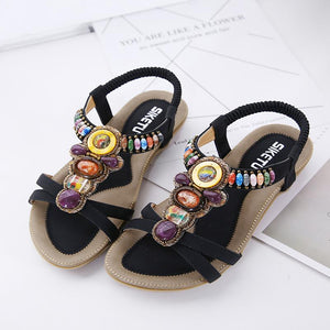 Ethnic Wind Women Sandals Beach Beaded Retro Flat Sandals
