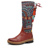 Retro Bohemian Splicing Pattern Leather Rainbow Knee Boots