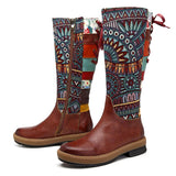 Retro Bohemian Splicing Pattern Leather Rainbow Knee Boots