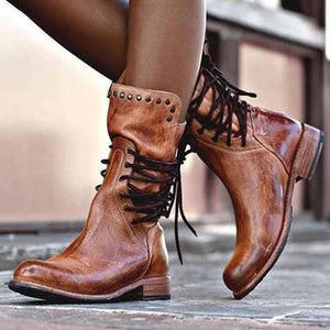 Back Zipper Lace-Up Vintage Mid-calf Boots
