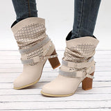 Rhinestone Rivet Belt Buckle Chunky Heel Women Boots