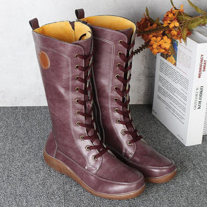 Retro Solid Color Side Zipper Round Toe High Knee Boots