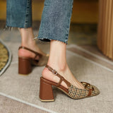 Retro Sandals Women Fashion Plaid Pattern Baotou Thick Heel