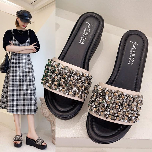 Women's Sandals With Bright Diamonds Decorated High-heeled Wedge