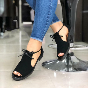 Wind Fish Mouth Front Lace-up Side Hollow Square Heel Women Sandals