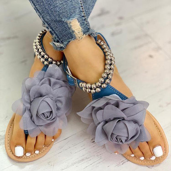 Mesh Floral Embellished Beaded Flat Sandals
