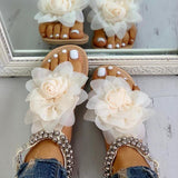 Mesh Floral Embellished Beaded Flat Sandals